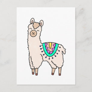 smiling happy llama alpaca cartoon animal drawing postcard
