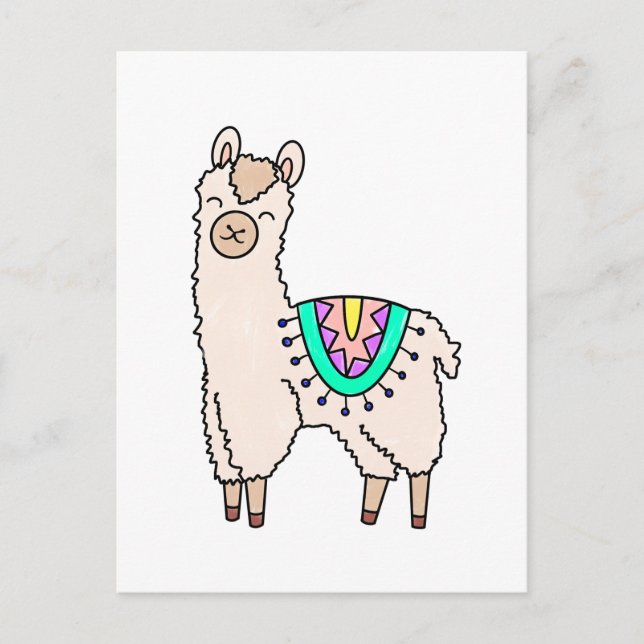 smiling happy llama alpaca cartoon animal drawing  postcard (Front)