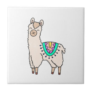 smiling happy llama alpaca cartoon animal drawing  tile