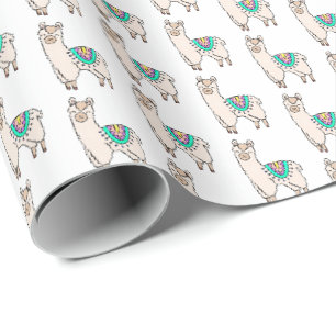 smiling happy llama alpaca cartoon animal drawing wrapping paper