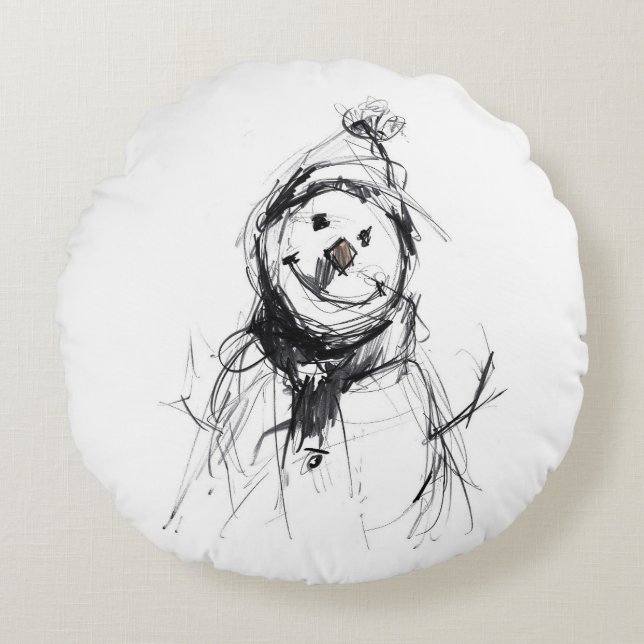 Smiling Happy Snowman Round Cushion (Front)