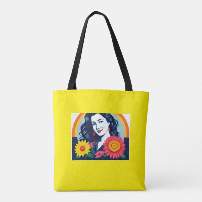 smiling happy woman face flowers tote bag (Back)