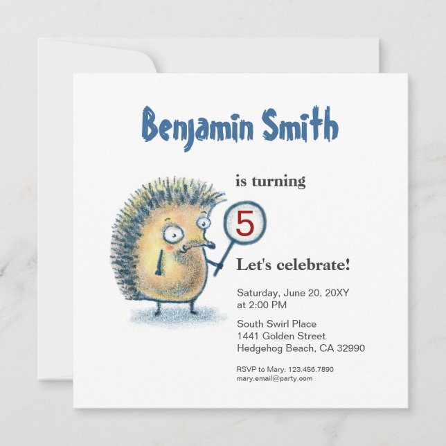 Smiling Hedgehog Personalised Kids Birthday Invite (Front)