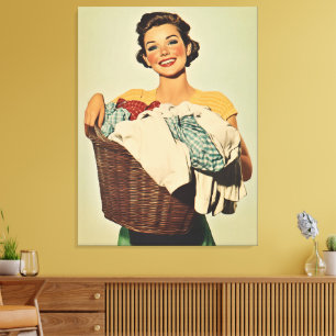 Smiling Housewife with Laundry Basket Canvas Print