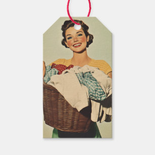 Smiling Housewife with Laundry Basket Gift Tags