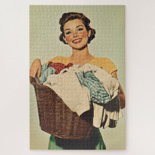 Smiling Housewife with Laundry Basket Jigsaw Puzzle