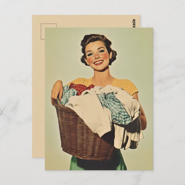 Smiling Housewife with Laundry Basket Postcard (Front/Back)