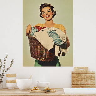 Smiling Housewife with Laundry Basket Poster