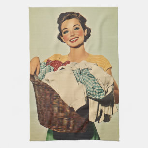 Smiling Housewife with Laundry Basket Tea Towel