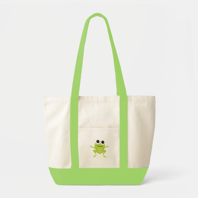 Smiling, Jumping, Green Frog on Green Tote Bag (Front)