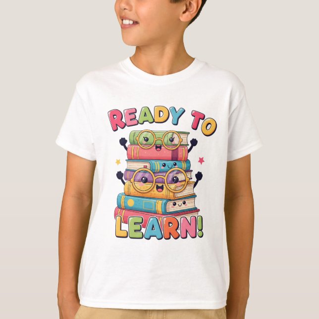 Smiling Kawaii Book Stack – Back to School Fun! T-Shirt (Front)