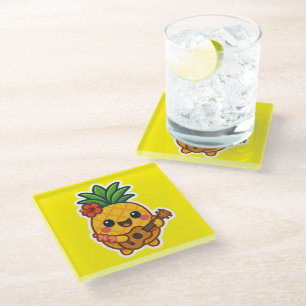 Smiling Kawaii Pineapple – Tropical Glass Coaster