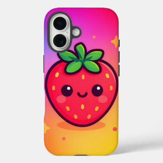 Smiling Kawaii Strawberry on Pastel Gradient Backg iPhone 16 Case