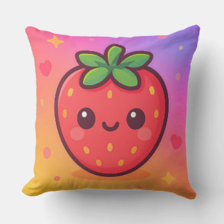 Smiling Kawaii Strawberry on Pastel Gradient Backg Cushion