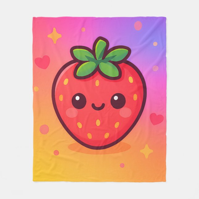 Smiling Kawaii Strawberry on Pastel Gradient Backg Fleece Blanket (Front)