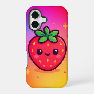 Smiling Kawaii Strawberry on Pastel Gradient Backg iPhone 16 Case