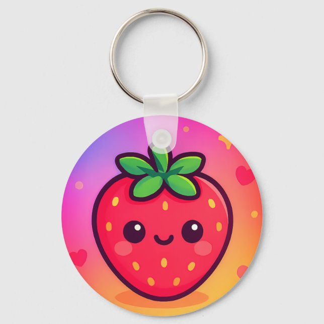 Smiling Kawaii Strawberry on Pastel Gradient Backg Key Ring (Front)