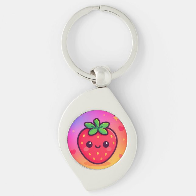Smiling Kawaii Strawberry on Pastel Gradient Backg Key Ring (Front)