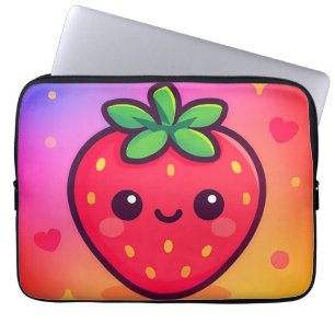 Smiling Kawaii Strawberry on Pastel Gradient Backg Laptop Sleeve