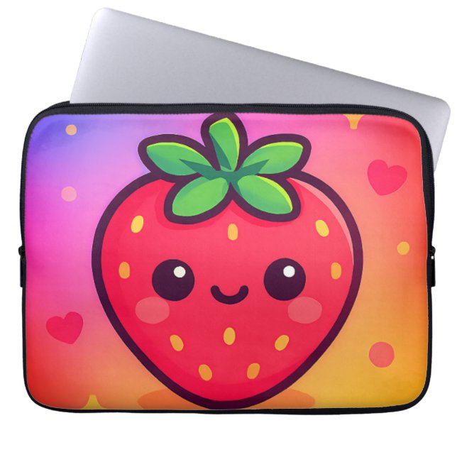 Smiling Kawaii Strawberry on Pastel Gradient Backg Laptop Sleeve (Front)