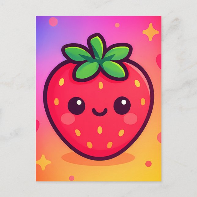 Smiling Kawaii Strawberry on Pastel Gradient Backg Postcard (Front)