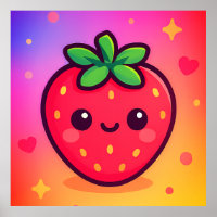 Smiling Kawaii Strawberry on Pastel Gradient Backg