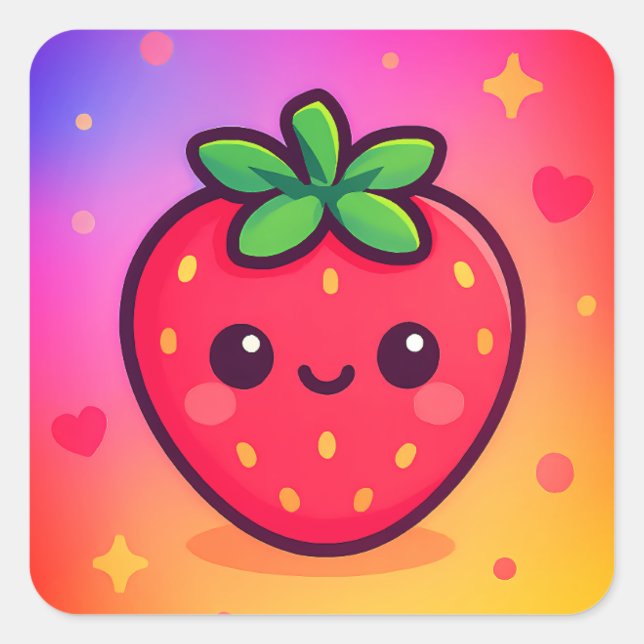 Smiling Kawaii Strawberry on Pastel Gradient Backg Square Sticker (Front)