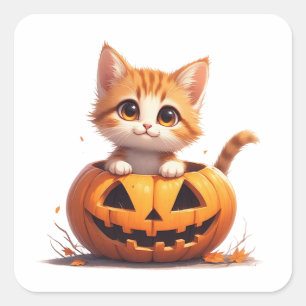 Smiling Kitten In Pumpkin Patch Halloween 🎃 Square Sticker