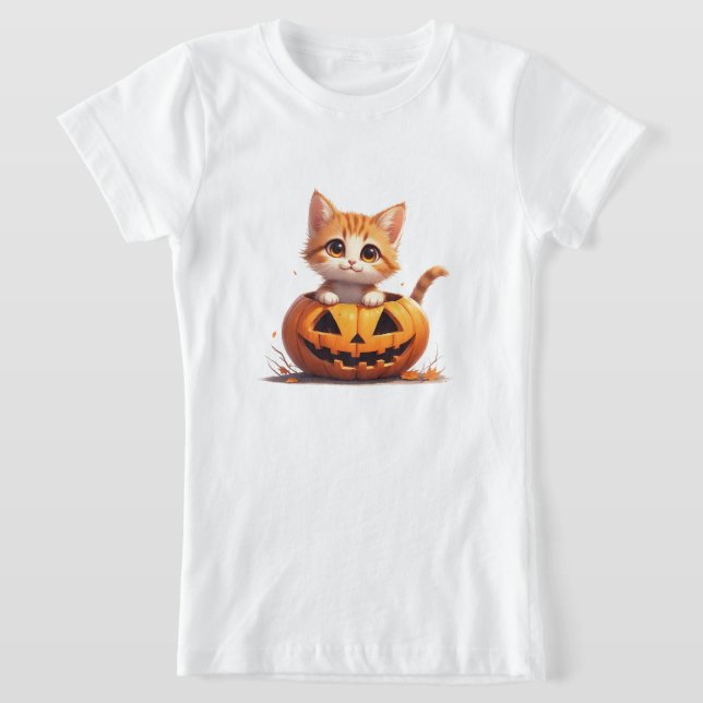 Smiling Kitten In Pumpkin Patch Halloween 🎃 T-Shirt (Laydown)