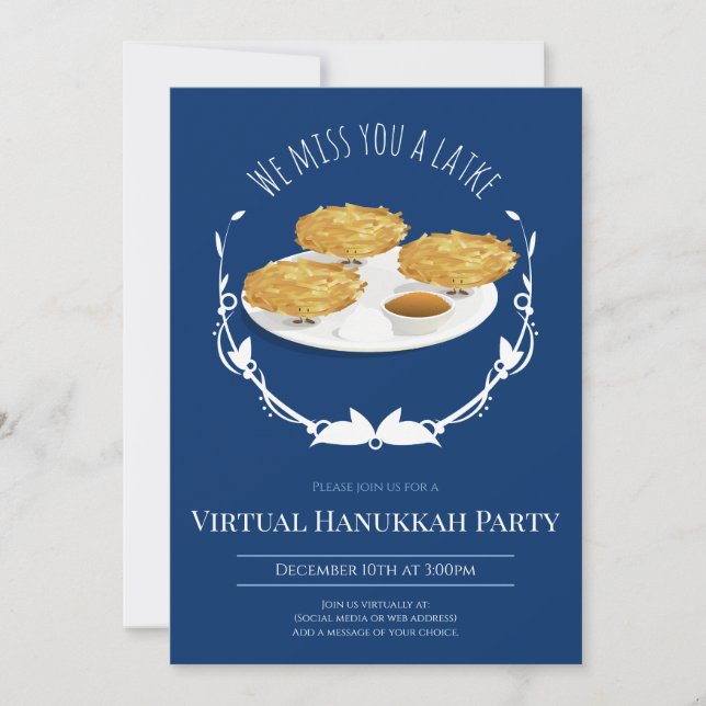 Smiling Latkes Blue White Virtual Hanukkah Party Invitation (Front)