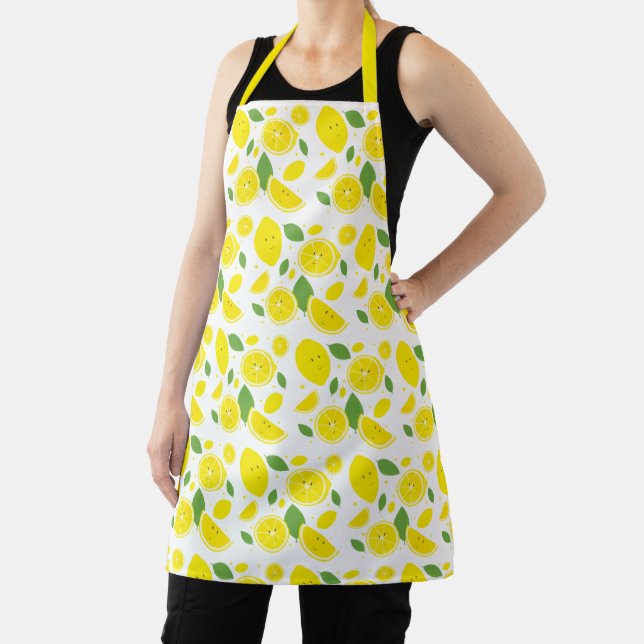 Smiling Lemons Leaf Yellow Green Fruit Pattern Apron (Insitu)