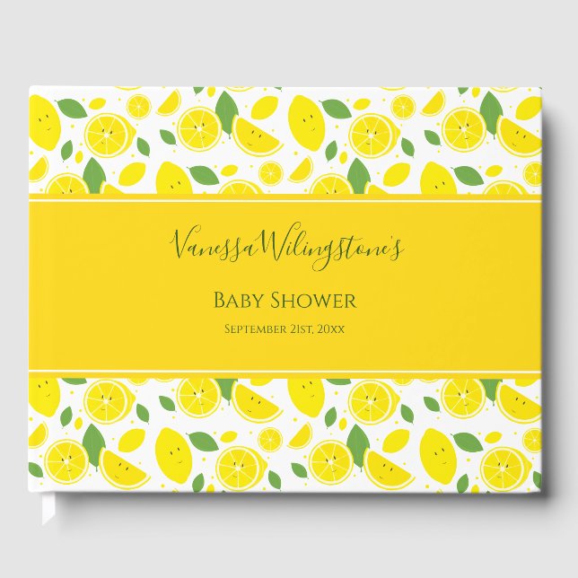 Smiling Lemons Yellow White Green Baby Shower Guest Book (Front)