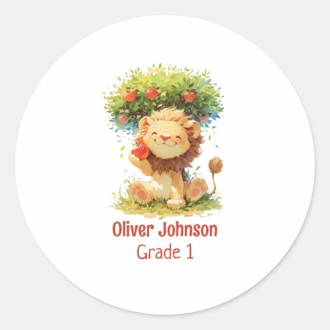 Smiling Lion Sitting Under An Apple Tree Kids Classic Round Sticker (Front)