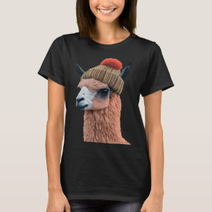 Smiling Llama in Beanie Cute Hipster Humour T-Shirt