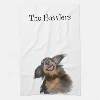 Smiling Long Haired Dachshund Original Art Tea Towel