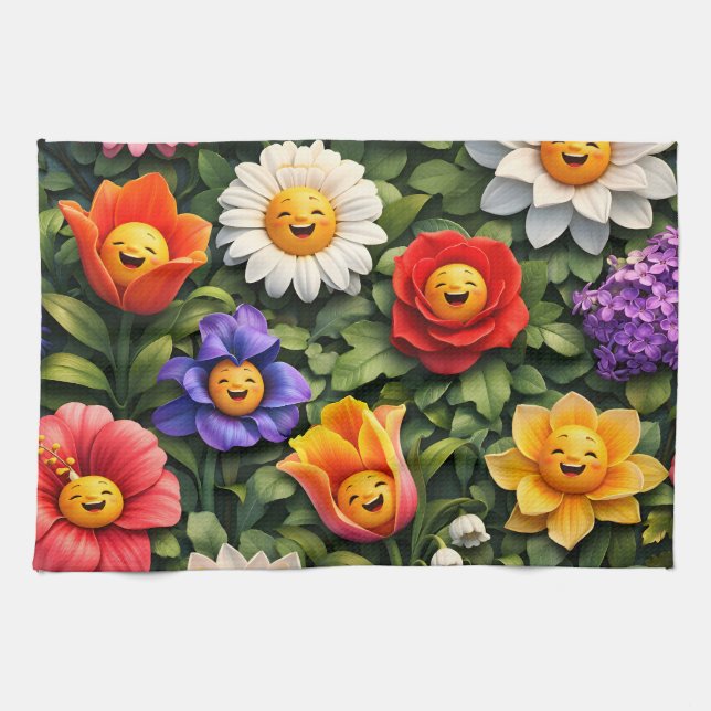 Smiling meow whimsical happy flower tea towel (Horizontal)