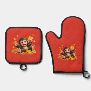 Smiling Monkey with Big Eyes Playful Tropical Oven Mitt & Pot Holder Set