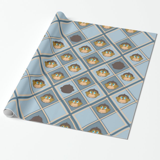 Smiling monkeys pattern, boy, blue wrapping paper (Unrolled)