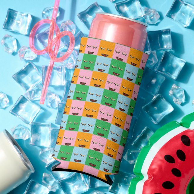 Smiling monster block faces seltzer can cooler (In Situ Summer)