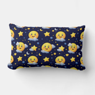 Smiling Moon and Stars with Clouds on Night Sky Lumbar Cushion