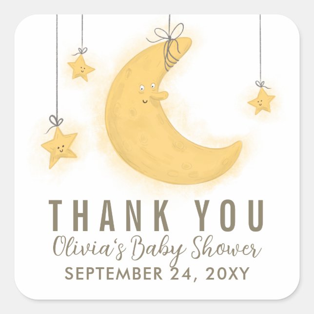 Smiling Moon Stars Baby Shower Thank You Square Sticker (Front)