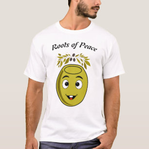 Smiling Olive T-Shirt with "Roots of Peace" text.