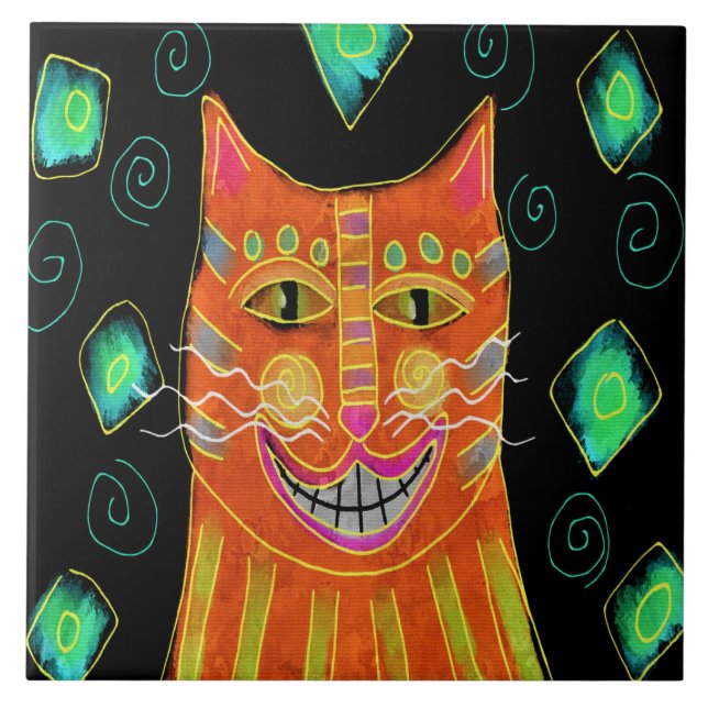 Smiling Orange Cat Abstract Painting Tile (Front)