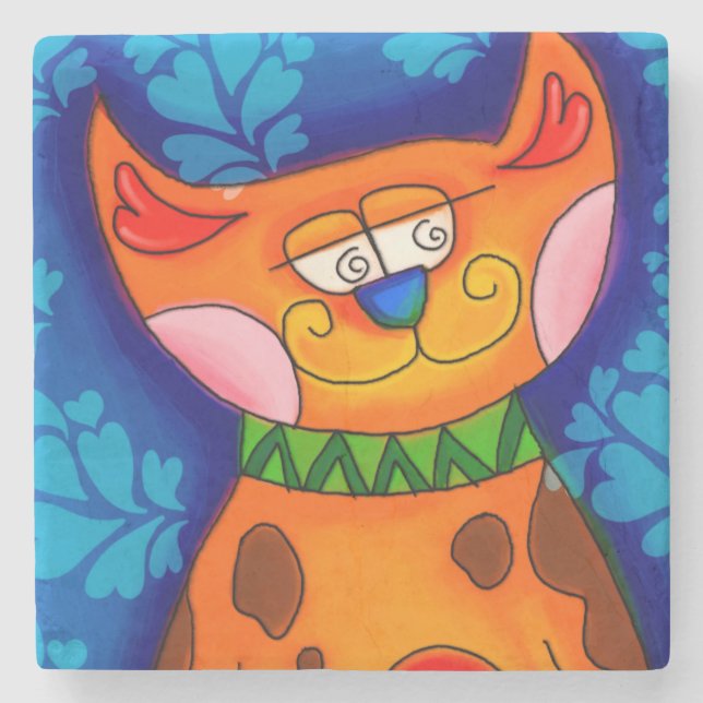 Smiling Orange Tabby Cat Stone Coaster (Front)