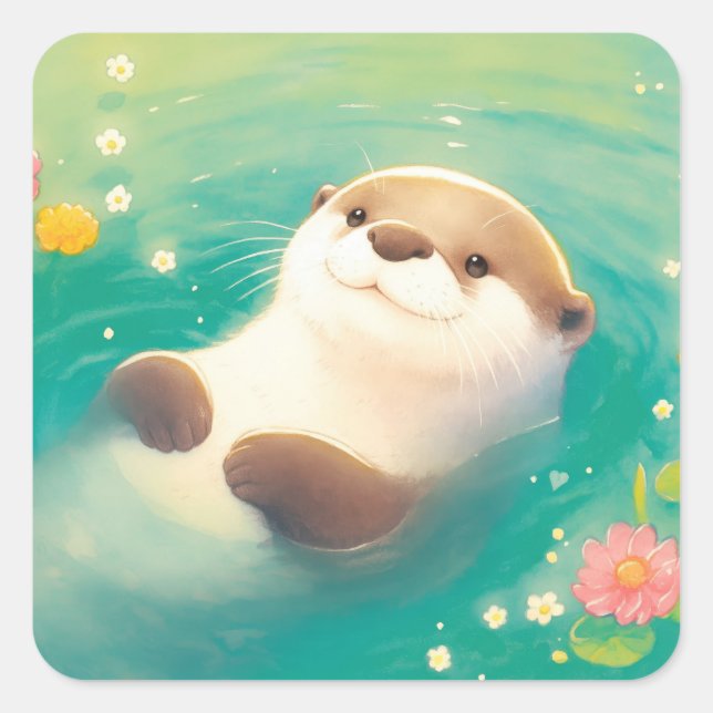Smiling Otter Sticker Floating in a Floral Pond (Front)