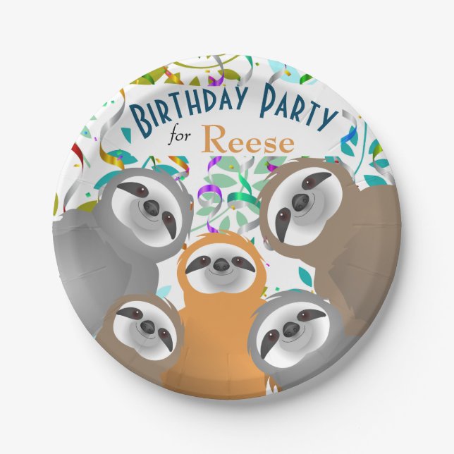 Smiling Party Sloths with Twirled Streamers Paper Plate (Front)