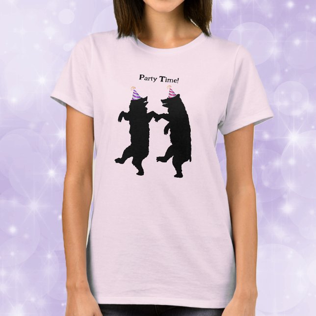 Smiling Party Time black Bears Dancing Striped Hat T-Shirt (Two dancing black bears in striped party hats on womans tee shirt.)
