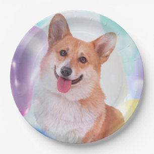 Smiling Pembroke Welsh Corgi with Balloons Paper Plate