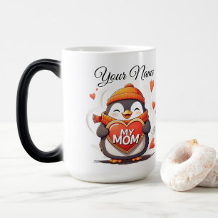 Smiling Penguin holding heart sign MY MOM Magic Mug