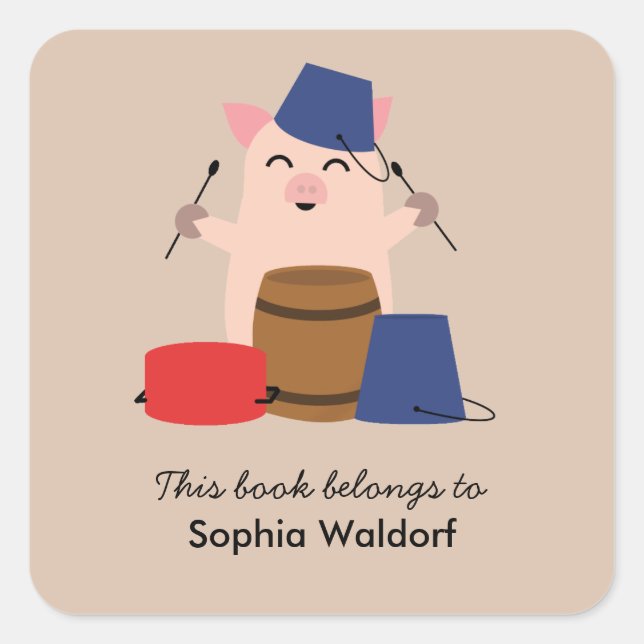 Smiling Piglet Bookplate Square Sticker (Front)